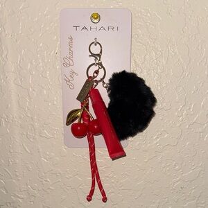 Tahari Red Cherry and Tassel Keychains with Black Pom-Pom and Lip Gloss